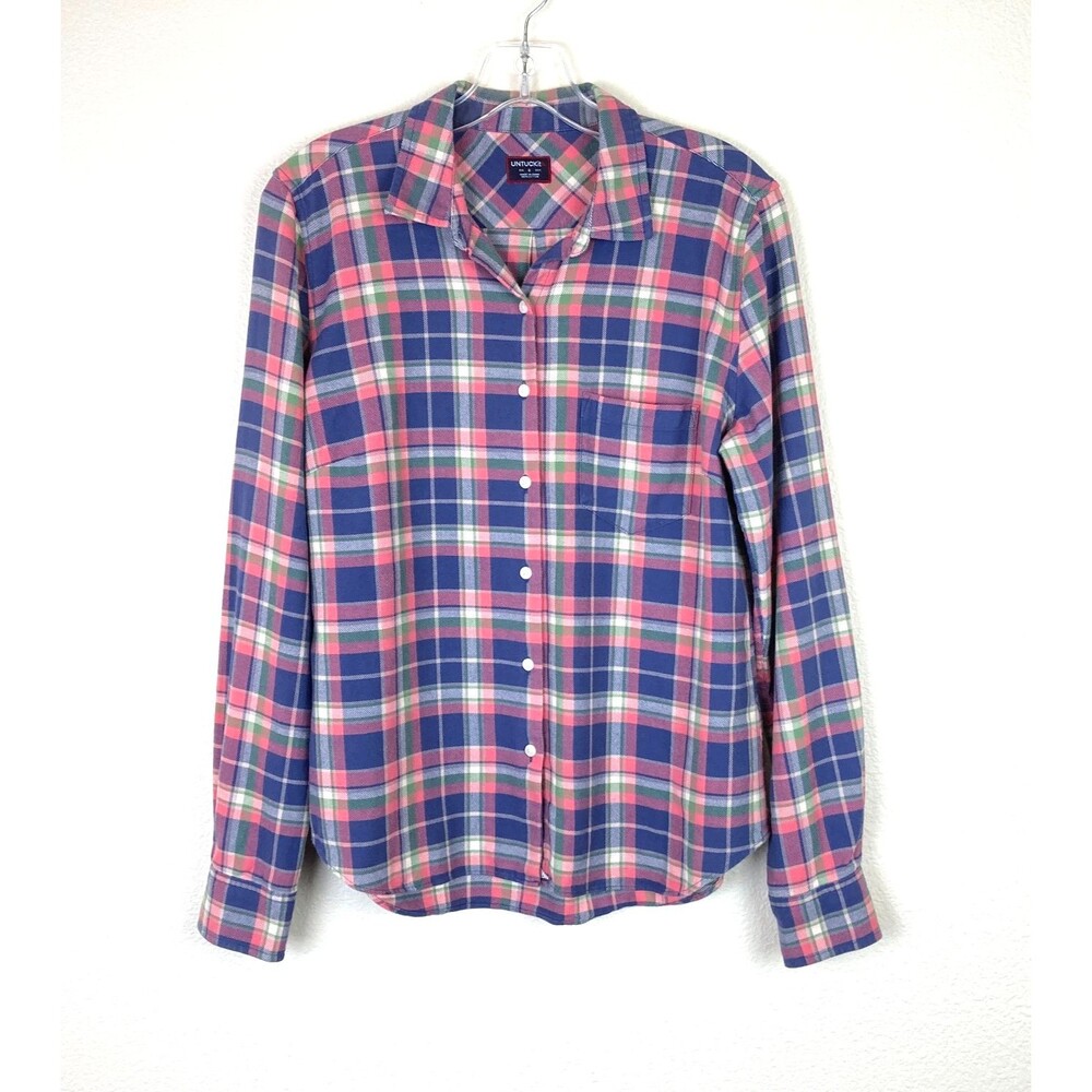 Untuckit Women’s Button Up Flannel Shirt Size 6 Blue Pink Plaid